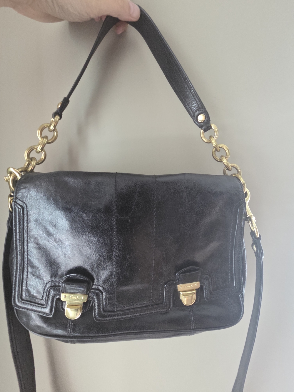 Coach Black Leather Shoulder Bag with Gold Hardware